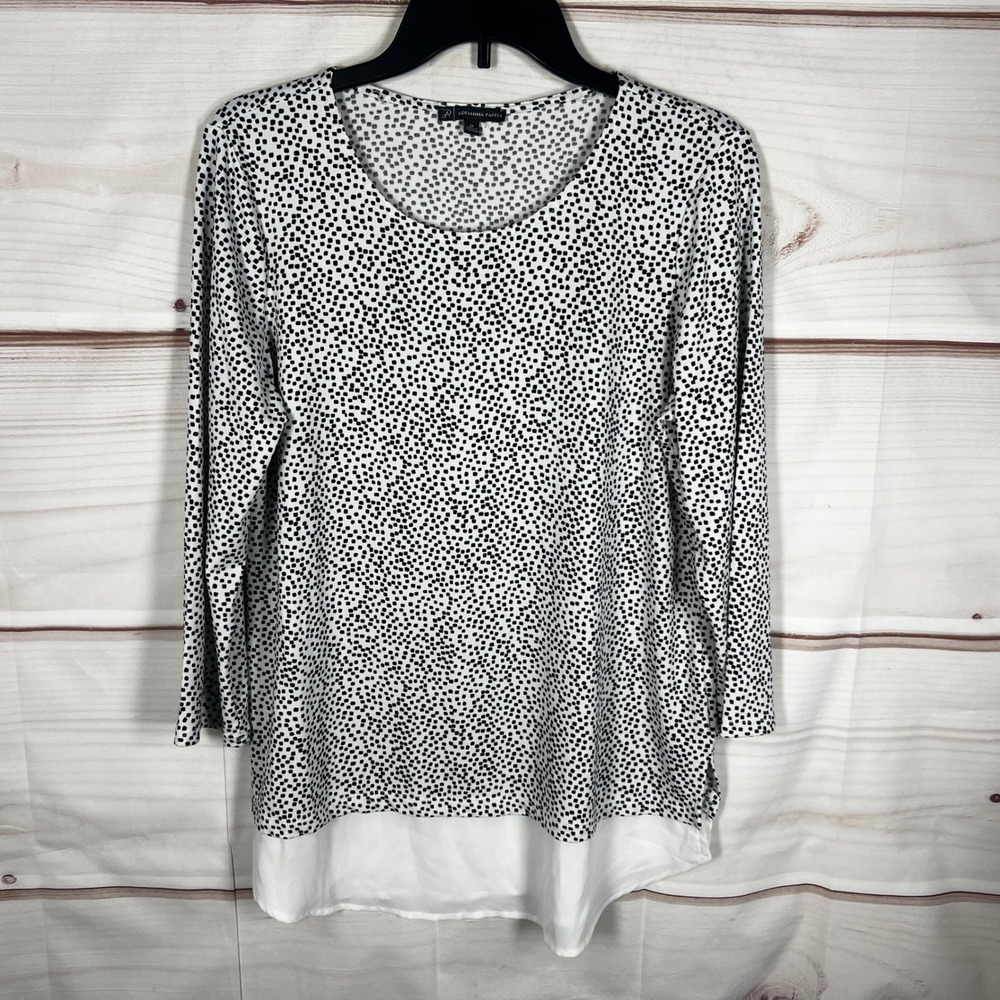 Adrianna Papell Tunic Top Womens Medium White Black Polka Dot Layered Hem Blouse